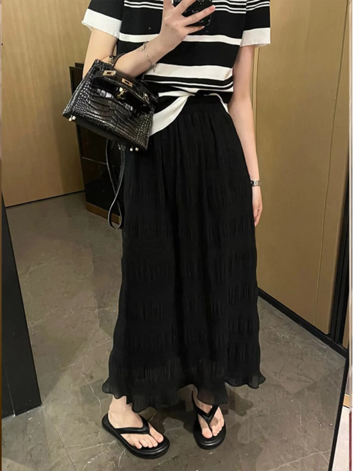 

Summer White f-length Skirt High-waist Slimming Drapey Chiffon Pleated Long Dr Women's Faion Ins Sle