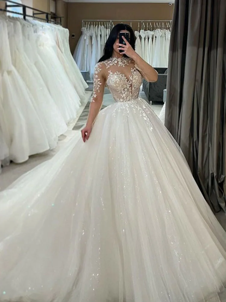 Smileven Langarm-Spitzenhochzeitskleider, A-Linie, hoher Ausschnitt, glänzende Applikationen, Brautkleider, glitzernder Tüll, Vestidos de Novia 2026 3