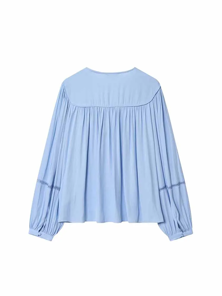 เสื้อเชิ้ตผ้าลูกไม้ทรงยาว คอวี แขนยาว สไตล์ยุโรปและอเมริกา แฟชั่นฤดูใบไม้ร่วงใหม่ เสื้อผ้าผู้หญิงลำลองอเนกประสงค์