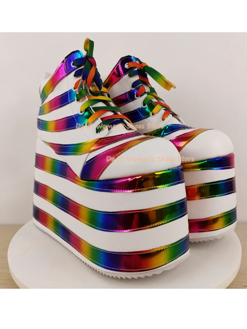 White Rainbow Holographic Platform Sneakers Super High Layered Chunky Sole High Top Lace‑Up Shoes Rave Festival Cosplay Party