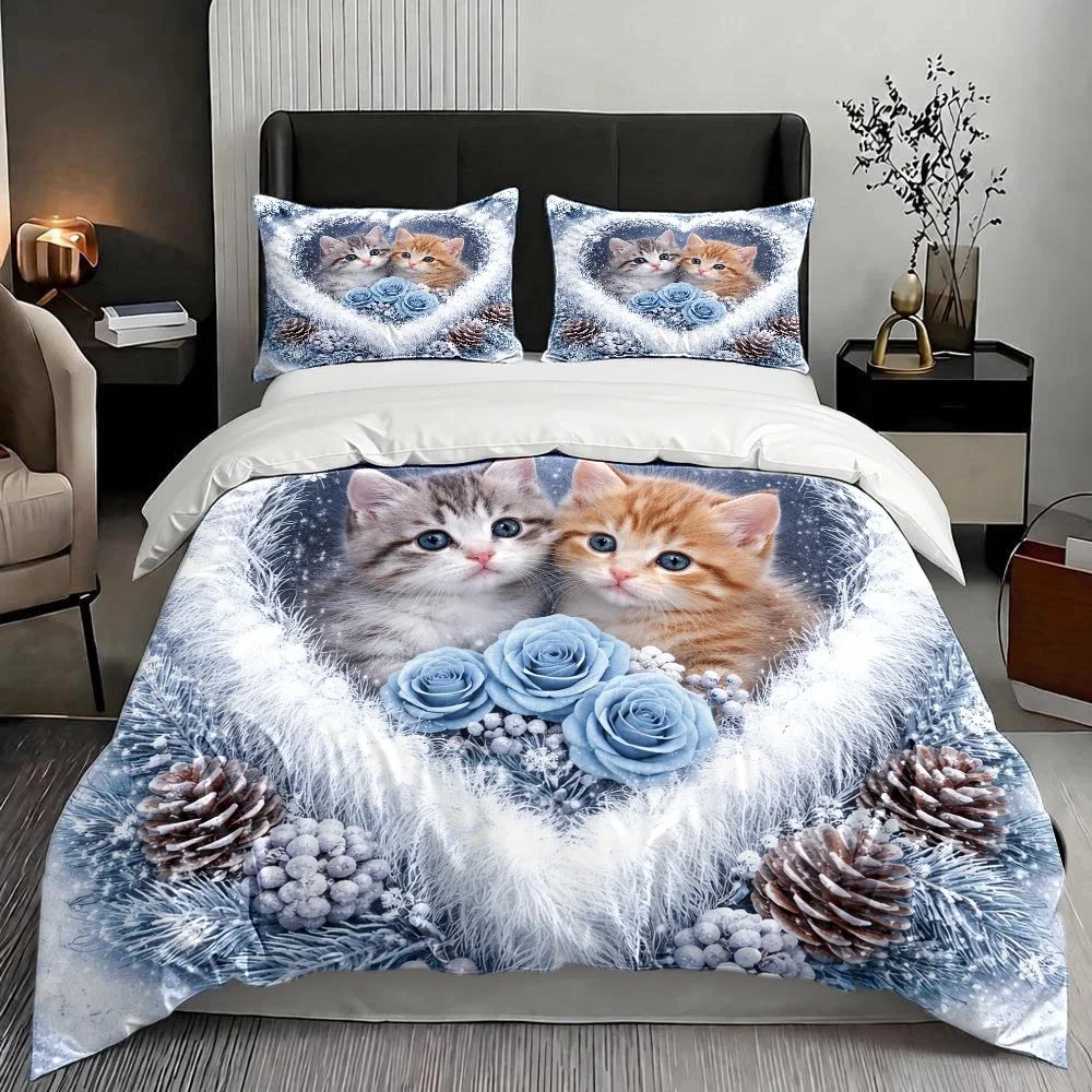 3Pcs Cute Cat and Floral Duvet Cover Set with 1Pc Duvet Cover and 2Pcs Pillowcases Bedding Accessories Quilt Cover view 5