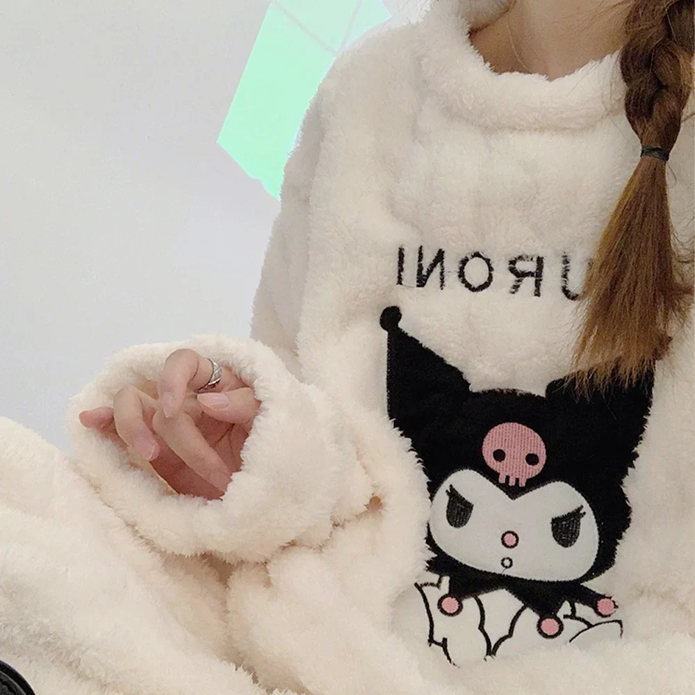 Sanrioed Cartoon 2Pcs Kuromi Pajama Set Kawaii Anime Women Plush Homewear Winter Thicken Long Sleeves Pants Girls Cute Keep Warm