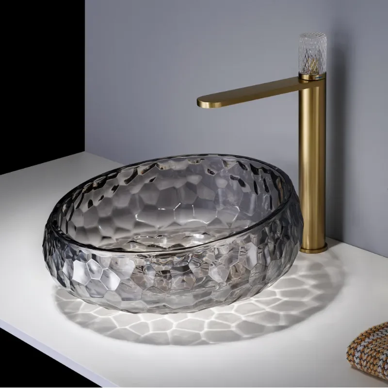 Modern Crystal Glass Vessel Sink Round Art Basin for Bathroom Vanity Top Washbasin Hotel Luxury Decorative Hand Washing Bowl