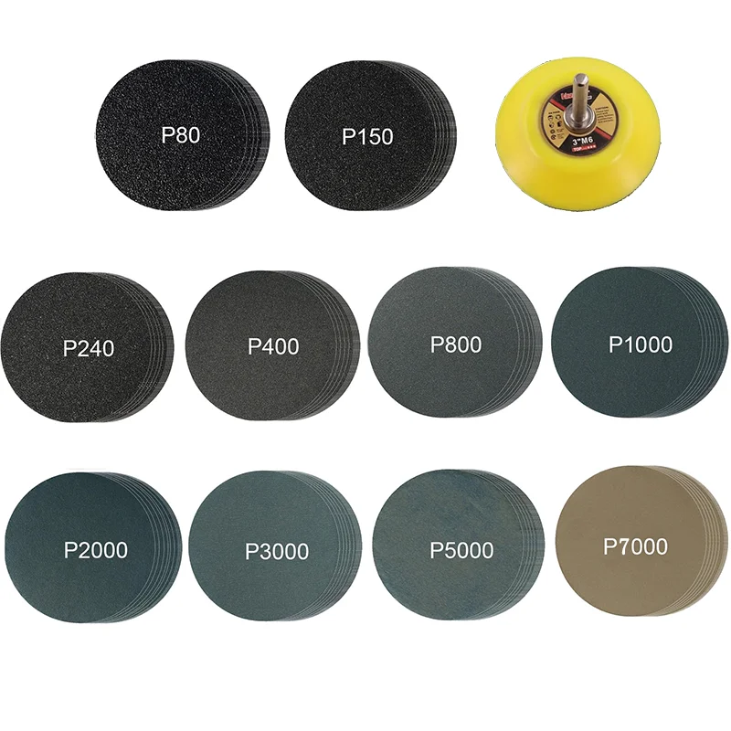 3Inch Wet and Dry Sandpaper 51Pcs Silicon Carbide Assorted 80-7000 Assorted Grit with 3MM Shank Sanding Pad for Grinding Wood
