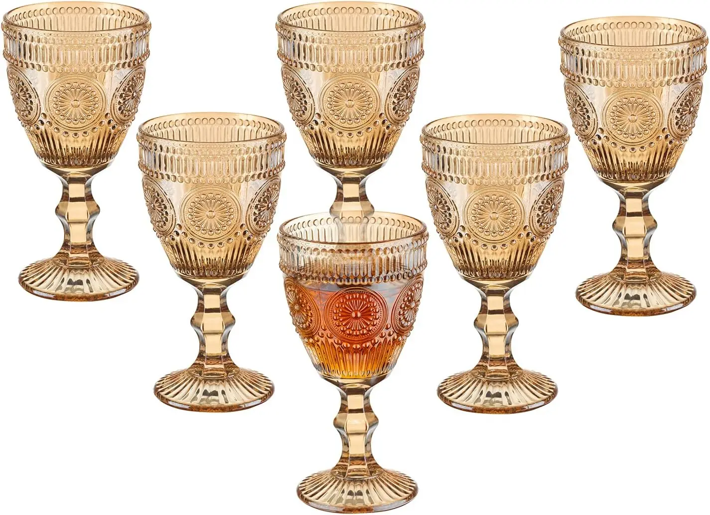 

Vintage Wine Glasses Set of 6, 10 Ounces Colored Glass Water Goblets, Unique Flower Embossed Pattern High Clear Stemmed Glasswar