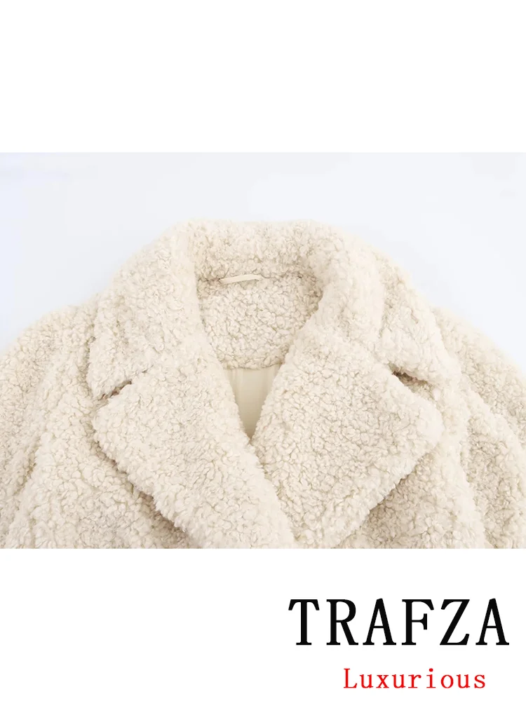 TRAFZA Vintage Faux Fur Women Jackets Solid Turn-down Collar Long Sleeve Warm Coat Chic White Fashion 2024 Winter Autumn Outwear