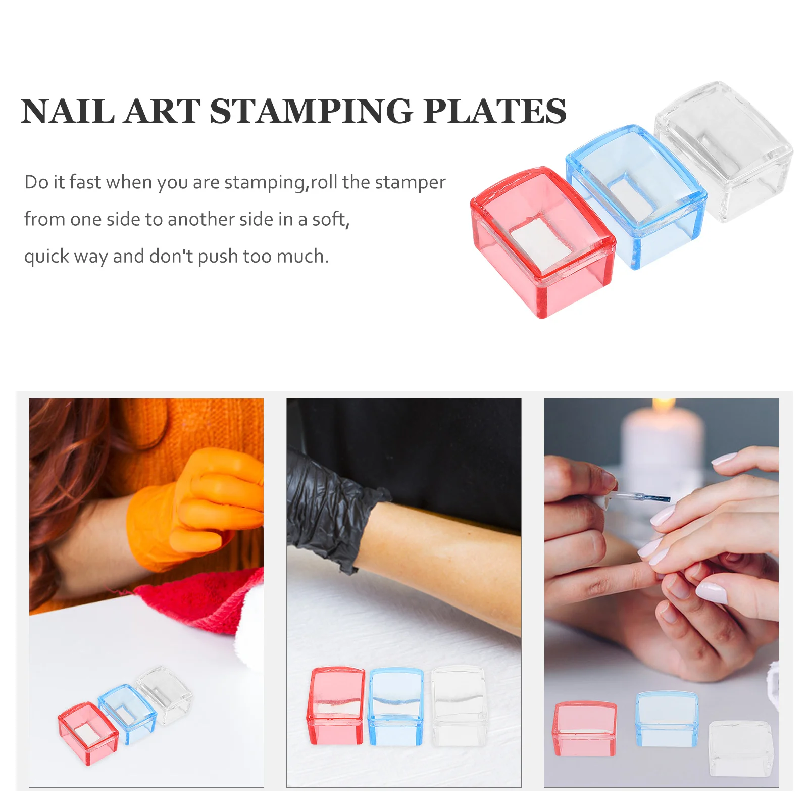 곡선형 손톱용 네일 아트 스탬퍼 실리콘 헤드 3세트 DIY 매니큐어 키트 핑크 블루 투명 네일 스탬프 템플릿
