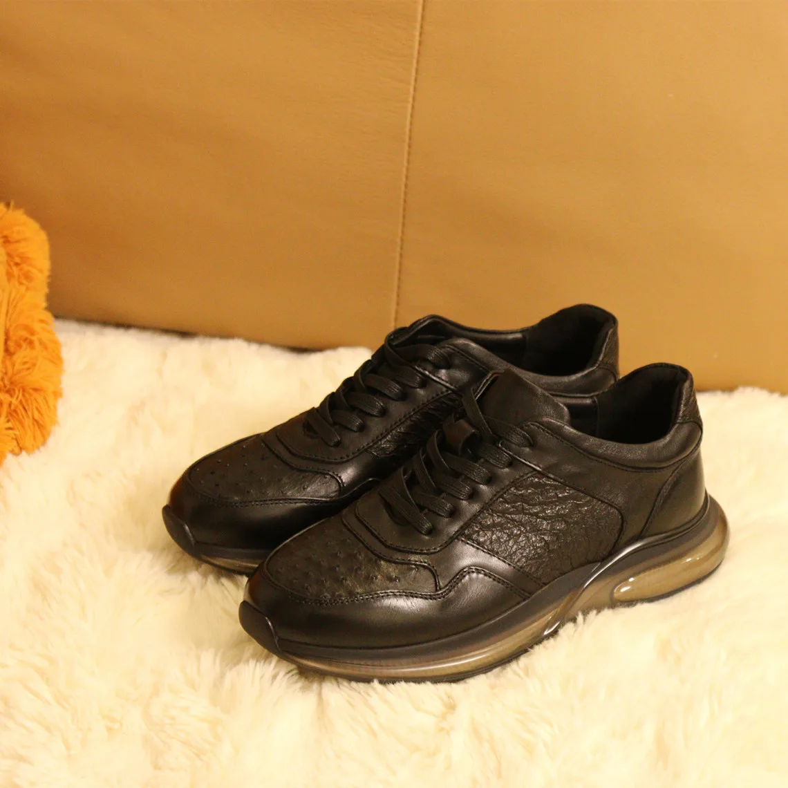 

Leather Lace-Up Thick-Heeled Casual Men's Shoes round Toe Deep Mouth Cowhide Ostrich Skin Single Shoes Wear-Resistant Sporty