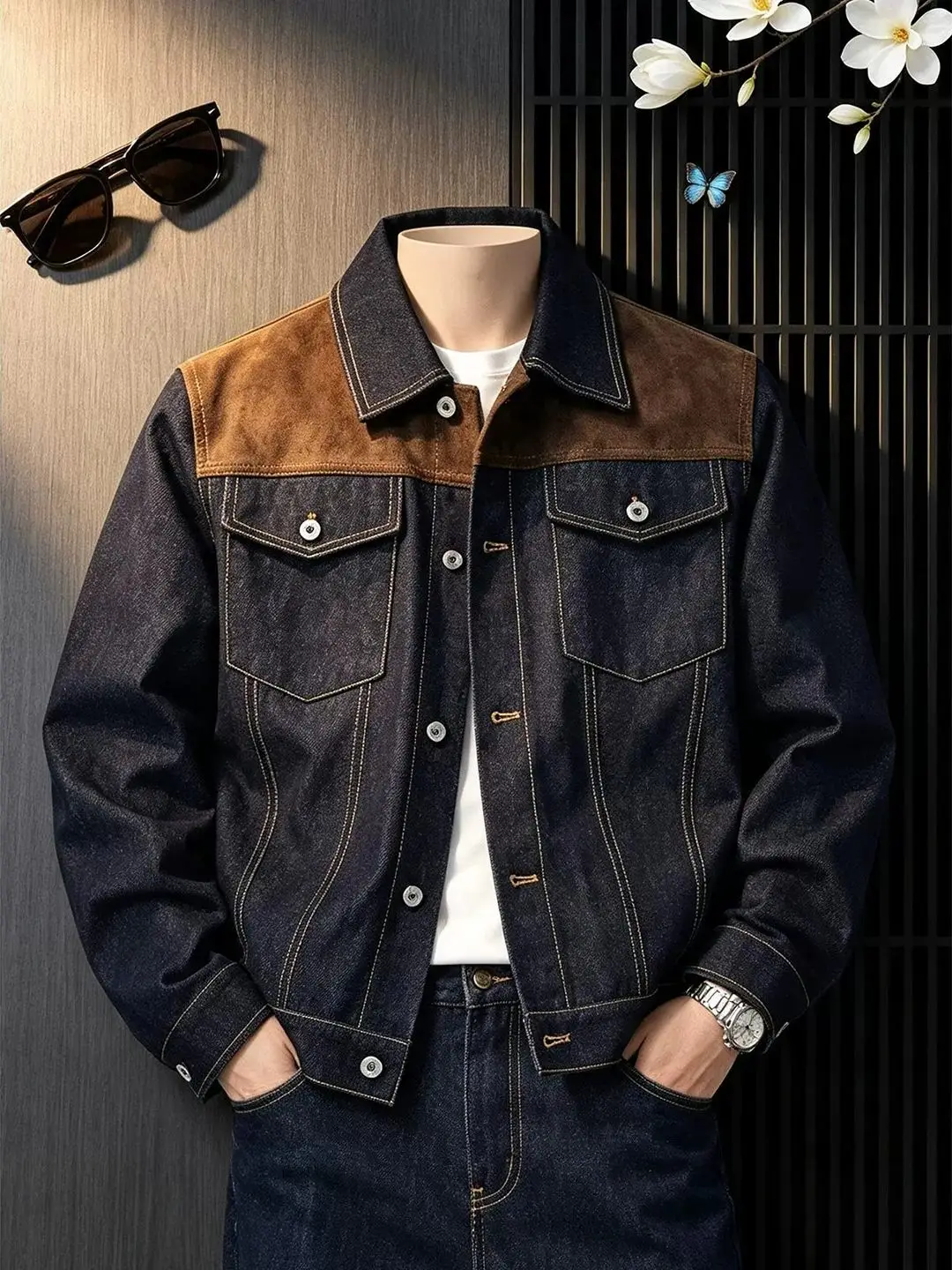 Washed Suede Patchwork Denim Jacket Men's Fashion Short Shoulder Autumn Outerwear Casual Style Zipper Closure Side Pocket