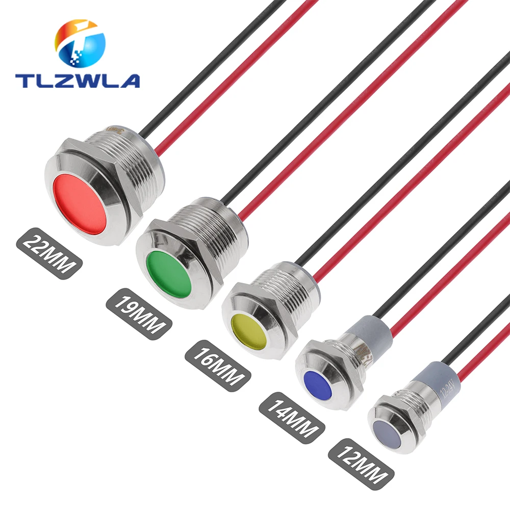 Indicateur d'avertissement LED en métal, étanche IP65, lampe de signalisation, fils pilotes, interrupteur 3/12/24V, 6mm 8mm 10mm 12mm 14mm 16mm 19mm 22mm