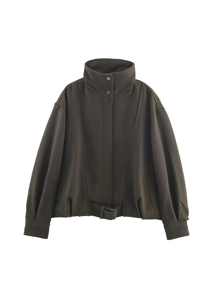 HH 2025 New Double Button Stand Collar Jacket Belted Short Top Women Design Sense Outerwear Fashion Casual Ladies Autumn Wear