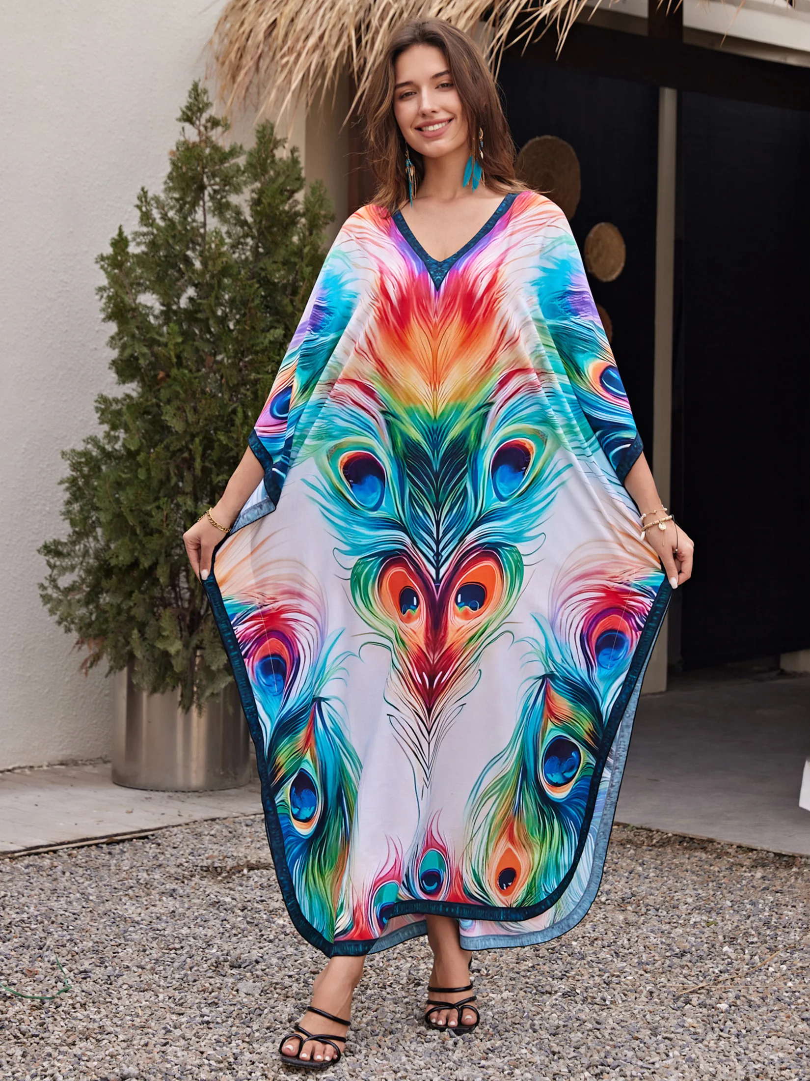 Peacock Printed Bohemian V Neck Batwing Sleeve Kaftan Beach Dress For Women Clothing 2024 Summer Vacation Moo Moo Dreses Q1638