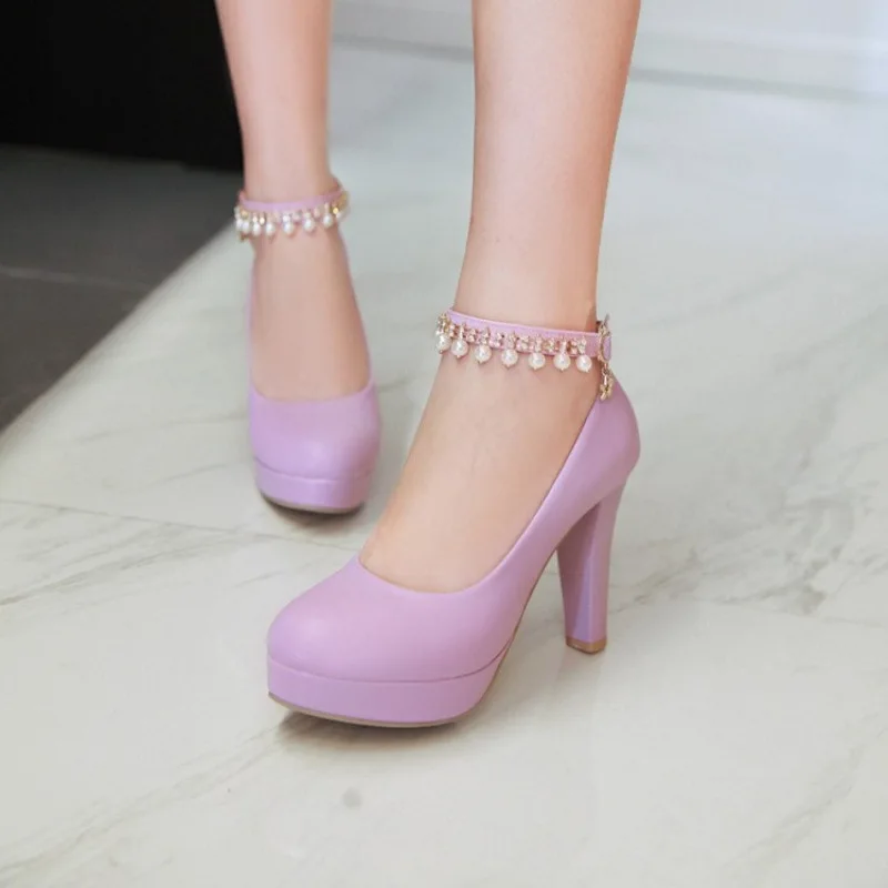 Four Season High Heels for Women White Wedding Party Ladies Pumps Ankle Hook Chunky Platform Mary Jane Black Office Dress Shoe image 3