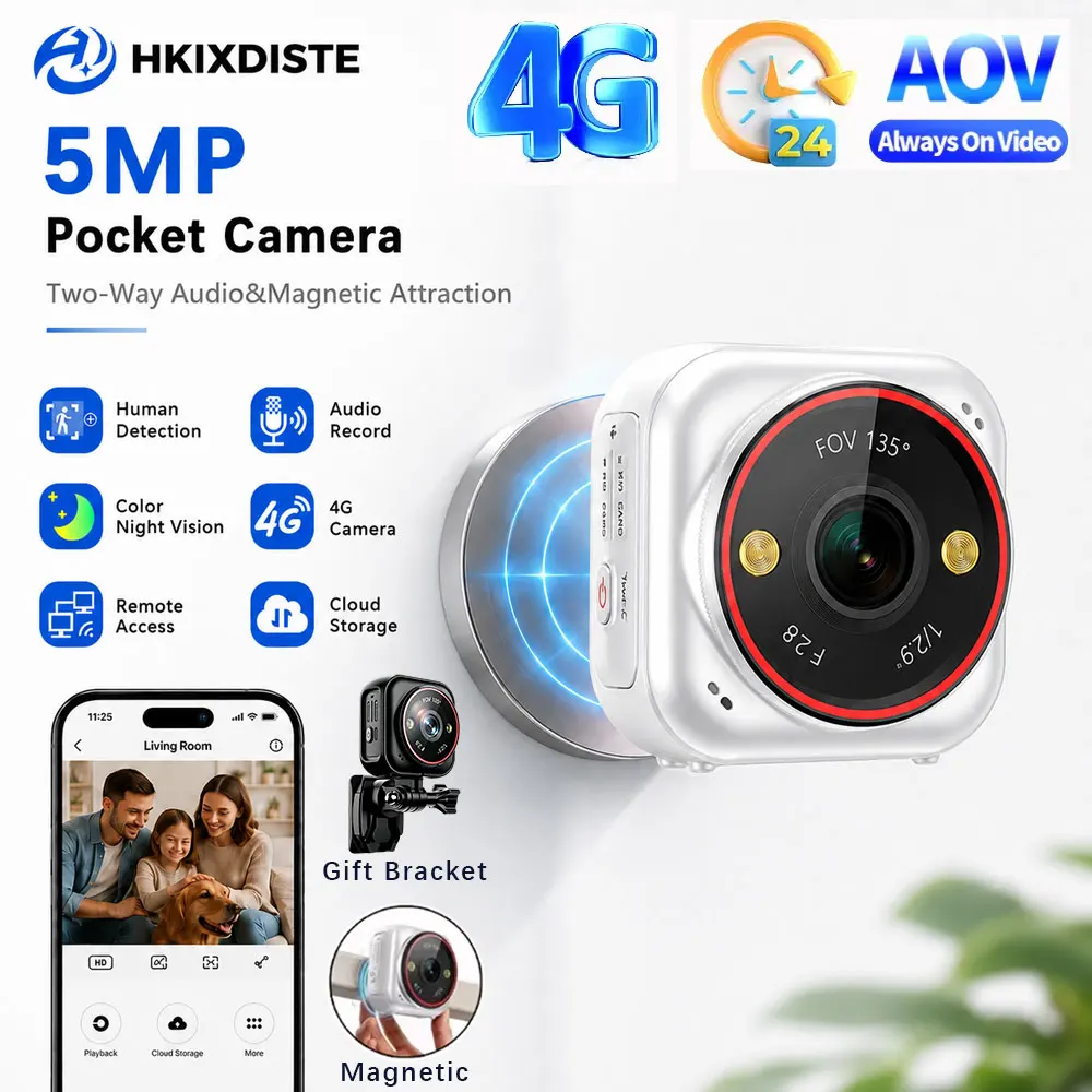 Mini 4G 5MP AOV Security Camera 135° Wide Angle Audio Record Built-In Battery Portable HiEasy App Indoor Baby Pet Surveillance