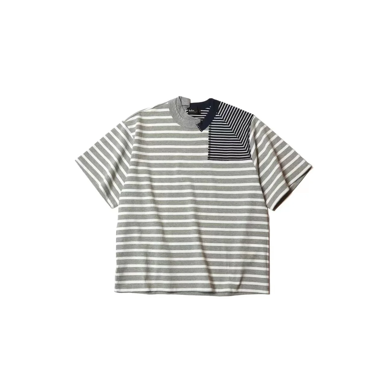 

2023 KOLOR striped patchwork irregular cut Japanese round neck short sleeved T-shirt TX933