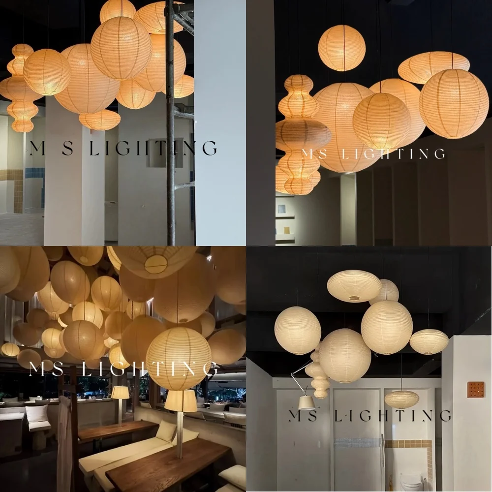 Yellow Mid Century Noguchi Style Paper Pendant Lamp for Bedroom Dining Room Cafe Bistro Living Room Decor Retro Spherical
