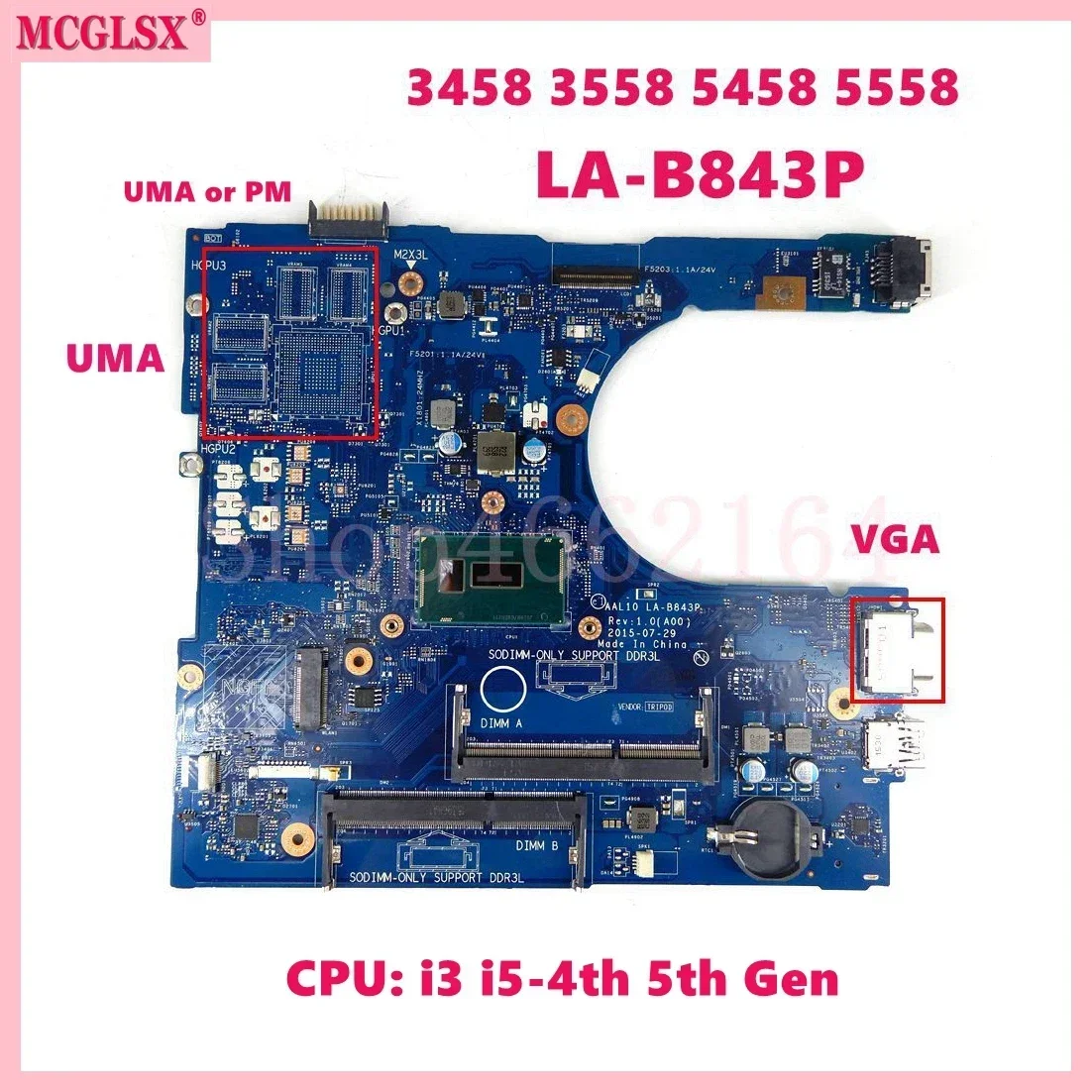 LA-B843P With i3 i5 i7-4th 5th Gen CPU UMA / PM Notebook Mainboard For DELL Inspiron 3458 3558 5458 5558 5758 Laptop Motherboard