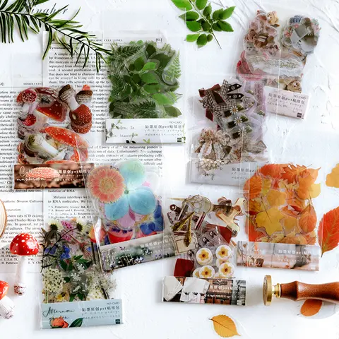 Ensemble de 40 autocollants transparents en PET vintage en forme de feuille de Ginkgo, autocollants décoratifs floraux imperméables pour journal intime, scrapbooking, fournitures de papeterie Kawaii pour l'école et le bureau