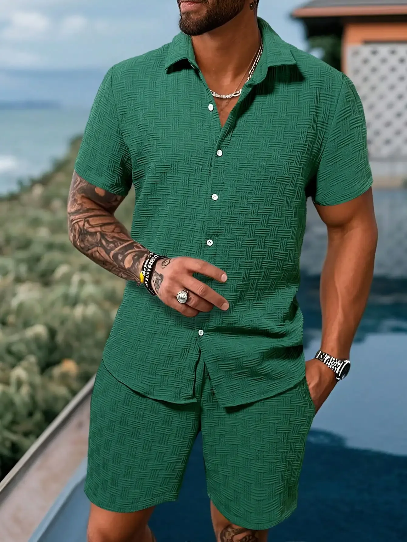 

Men Solid Button Up Shirt And Shorts Set Casual Vacation Outfit