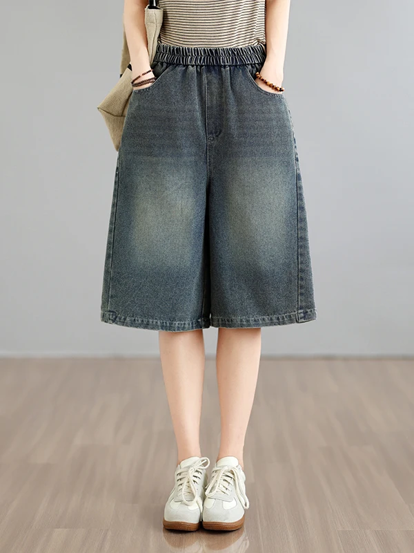 

Authentic Summer New Korean Style Loose Wide Version Simple Match Artistic Retro Jeans Mid-Pants Ladies Cotton Polyester Blend