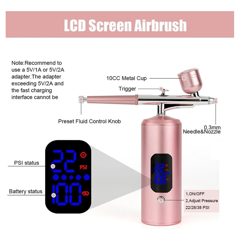 Kit de brosse à Air A98E-LCD avec compresseur d'air, Machine aérographe sans fil à 3 vitesses avec tuyau pour cosmétiques, peinture artistique