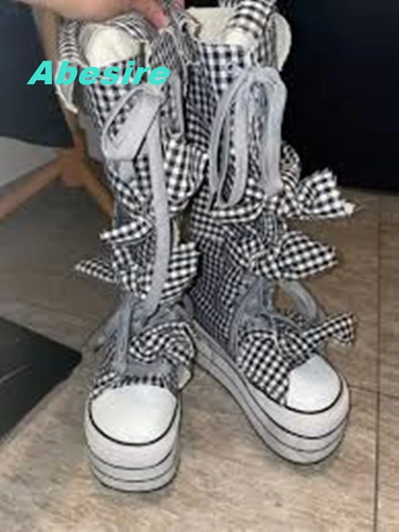 Black and White Checkered Platform Knee High Boots Wedges Butterfly Knot Lace-Up Shoes for Women Y2K Country Sweet Cute Shoes