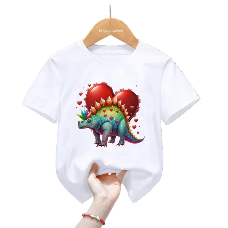 

Love Rainbow Triceratops Print T Shirt For Girls/Boys Harajuku Kawaii Kids Clothes Jurassic Dinosaurs Tshirt Summer Tops Shirt