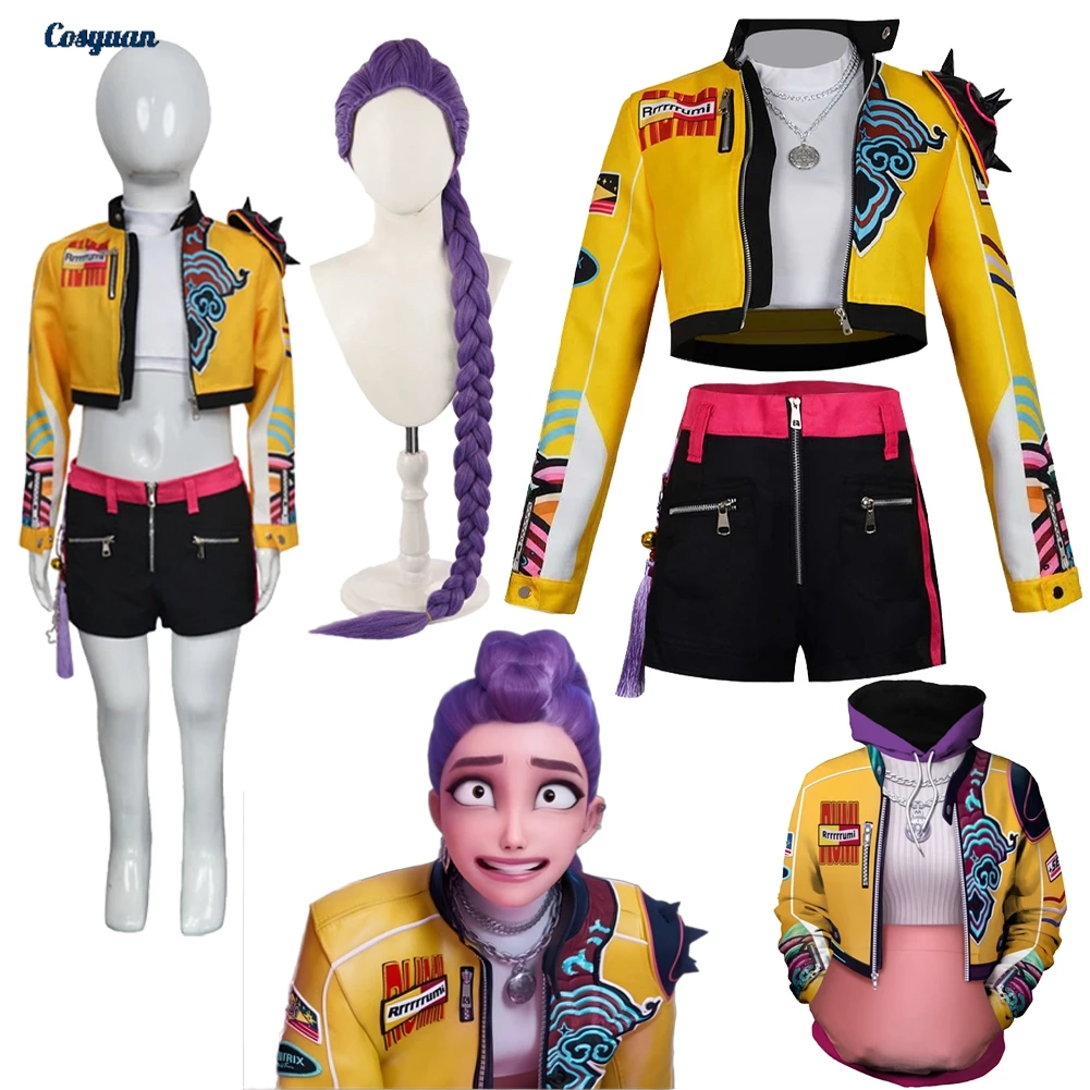 Adult Kids Demons Hunter of KPop Cosplay Rumi Adult Kids Yellow Fantasia Costume Wigs Set Women Girl Hoodies Halloween Suits