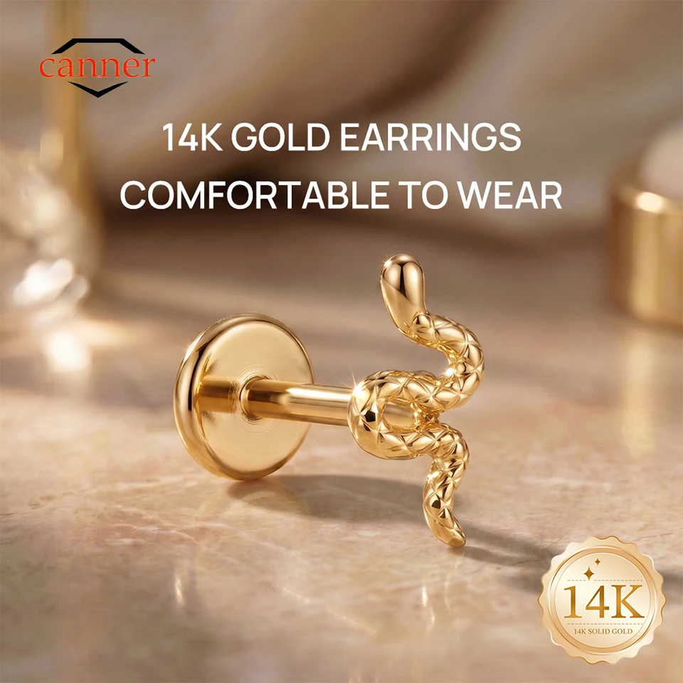 CANNER 1PC 14K Solid Gold Smooth Snake G23 Titanium Flat Back Piercing Earring For Women Hypoallergenic Luxury Ear Bone Gift