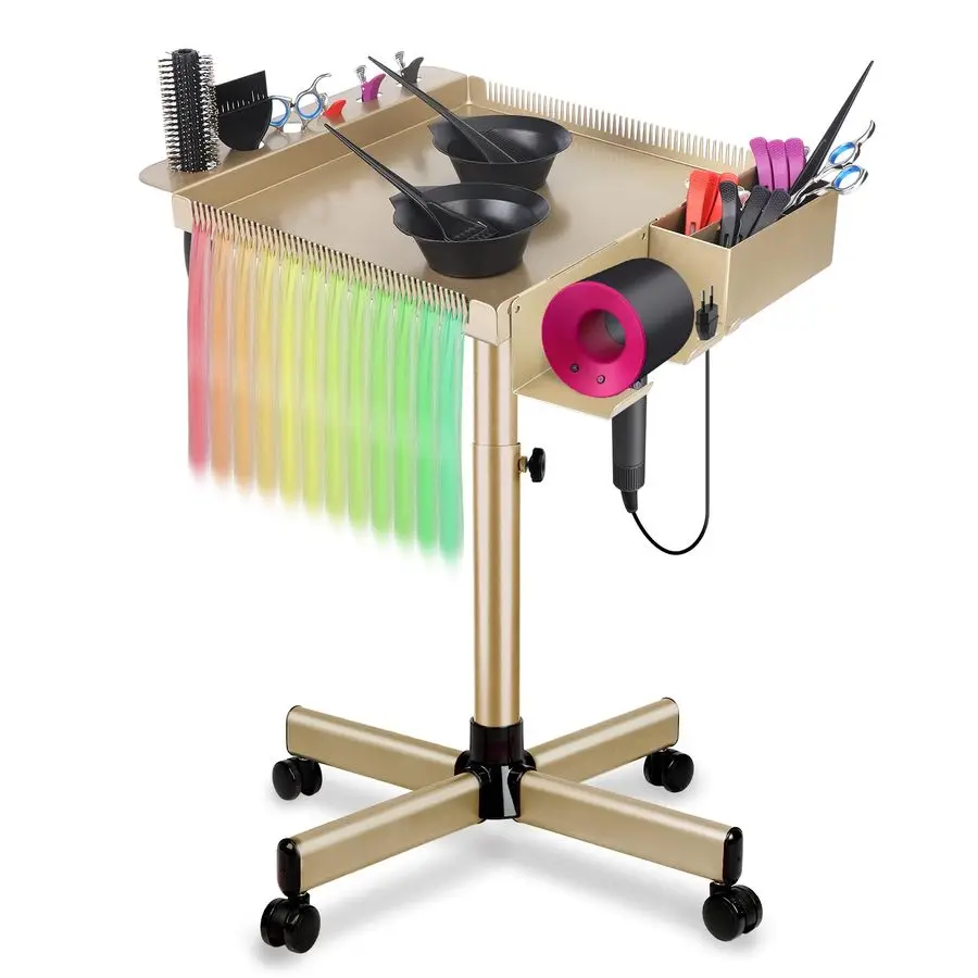 

Salon Rolling Tray on Wheels with Adjustable Height Salon Spa Service Tray for Hair Stylist, Tattoo Dental Use Gold