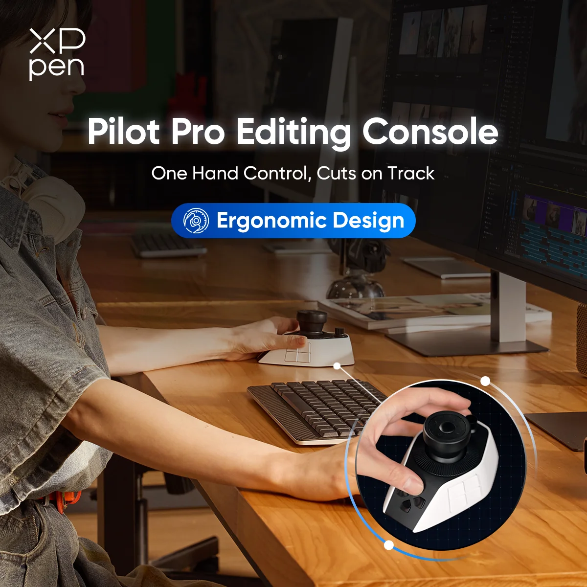 Console de Edição XPPen Pilot Pro, Controlador Joystick com Controle Sem Mãos, 8 Botões de Comando Personalizáveis para Editores