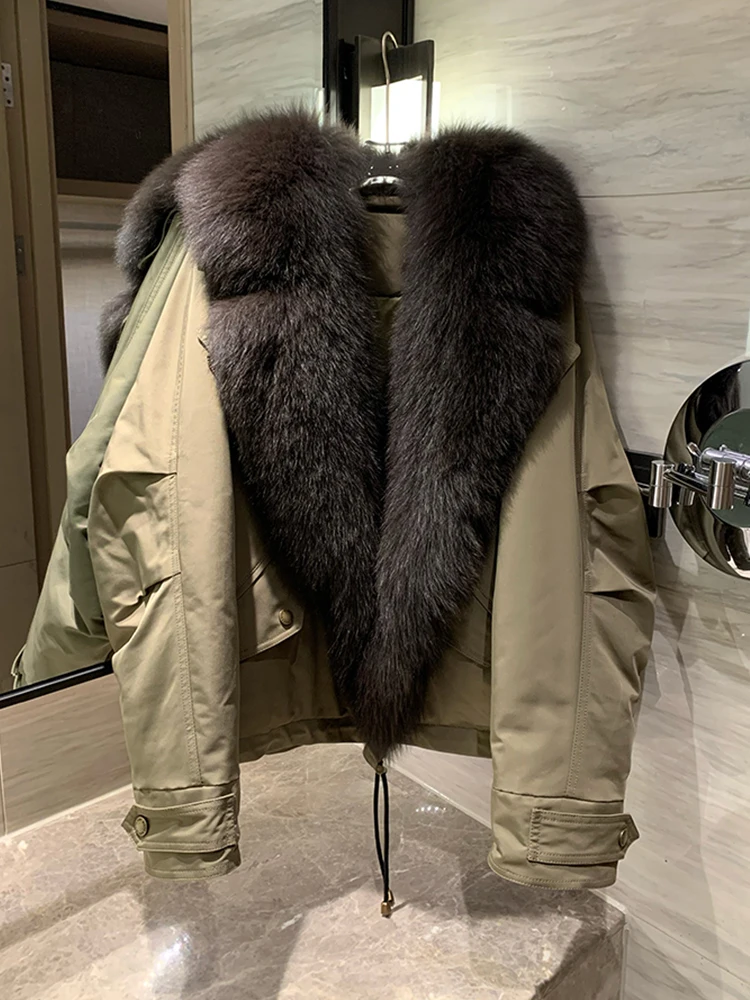 新しい冬暖かいグースダウンパーカーコート天然リアルキツネの毛皮の襟ジャケットフグジャケット女性厚い女性生き抜く