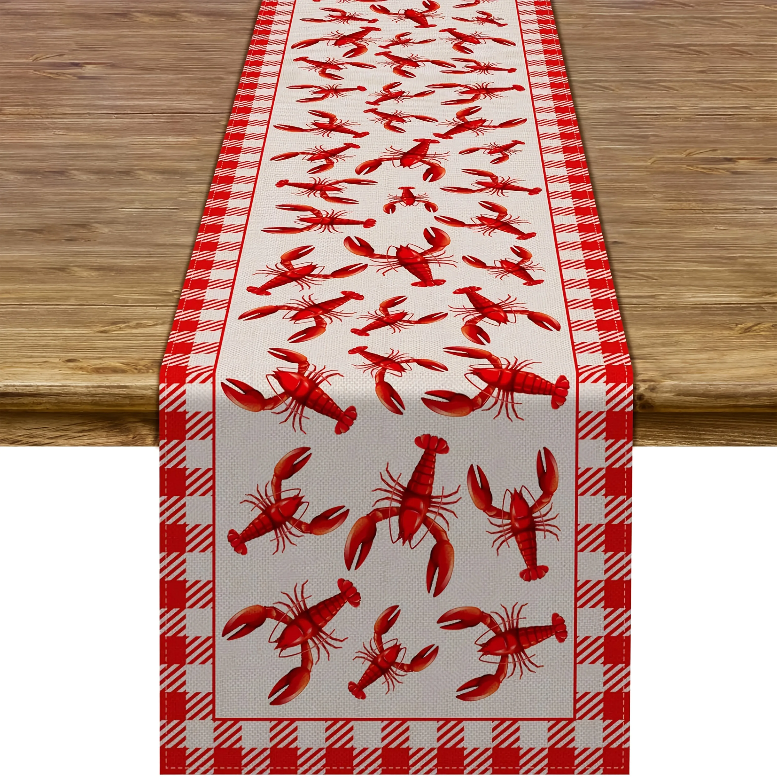 1pc Lobster Seafood Themed Table Runner - Red and White Checkered,Rectangular Dining Room & Kitchen Decor