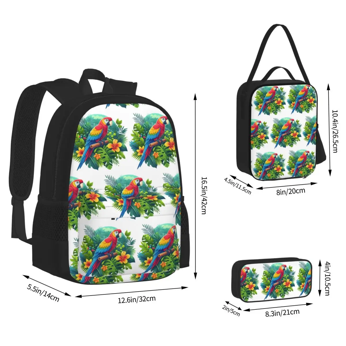 Colorful Tropical Parrot With Flowers Print Backpacks Boys Girls Bookbag School Bags Rucksack Lunch Bag Pen Bag Three-Piece Set