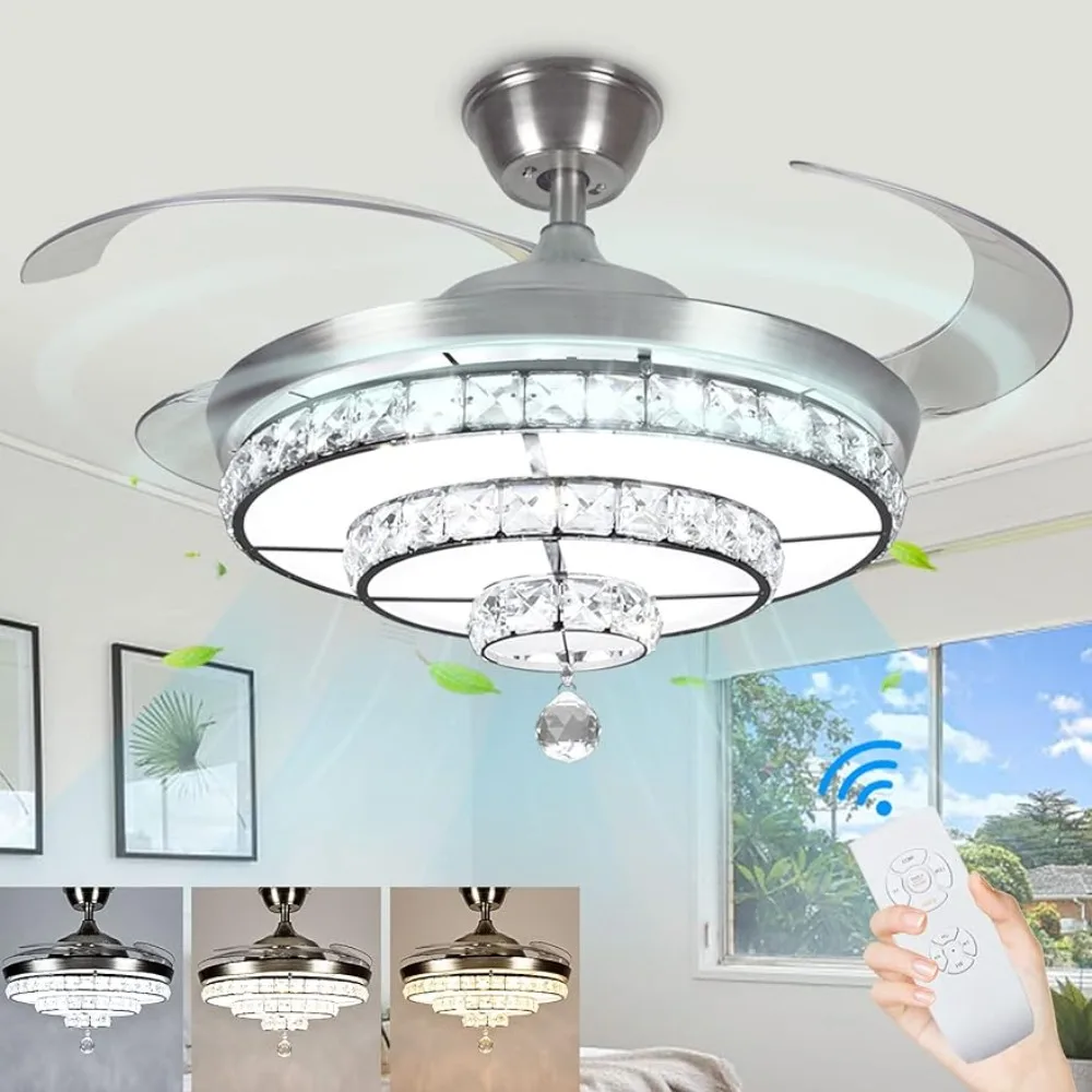 

Color Changeable 3000K-6000K Nickel Outdoor Decors Bedroom 3-Blade Retractable Led Fan Chandelier Indoor for Living Room Decor