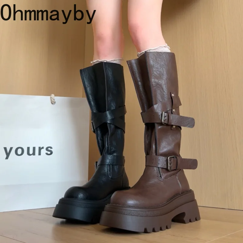 Y2K Platform Woman Knee High Boots Round Toe Multi Metal Buckle Strap Shoes Female Leather Knight Long Booties Autumn Winter