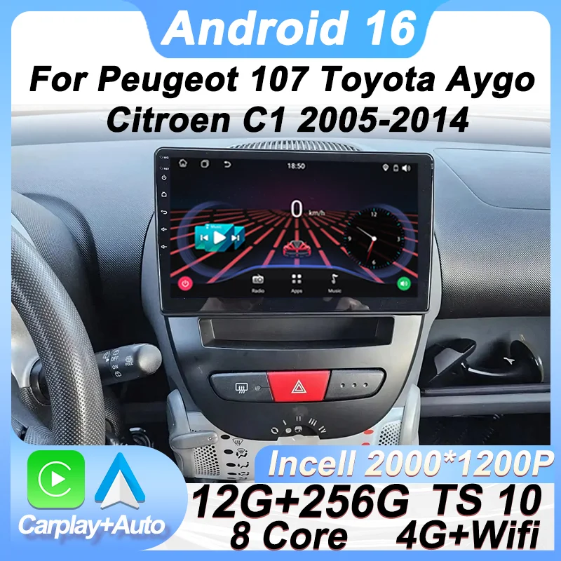 

Android 16 Carplay Stereo For Peugeot 107 Toyota Aygo Citroen C1 2005 - 2014 Car Radio Touch Screen 360 Bluetooth 4G GPS FM