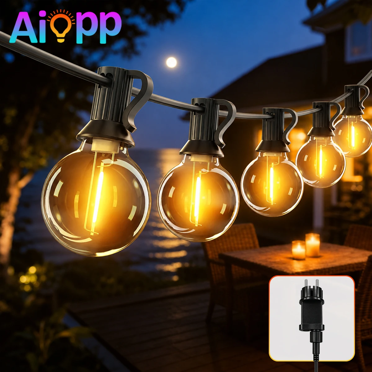 Guirlande lumineuse LED G40 d’extérieur, 46 m/30 m/20 m, avec crochets pour suspension, 8 modes d’éclairage, ampoules à globe incassables, guirlande lumineuse décorative pour jardin, mariage, camping et fêtes.