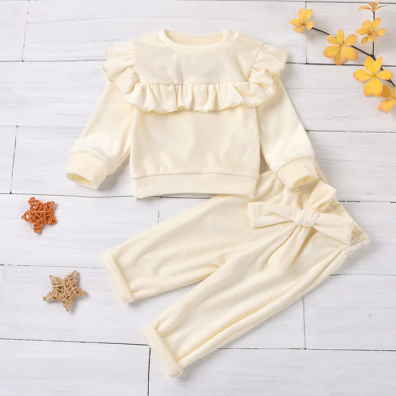 2PCS Warm Ruffle Trim Top Smooth Velvet Outfits Bow Decoration Elastic Waist Pants Girl Autumn Winter 0-3Y Kid Clothes