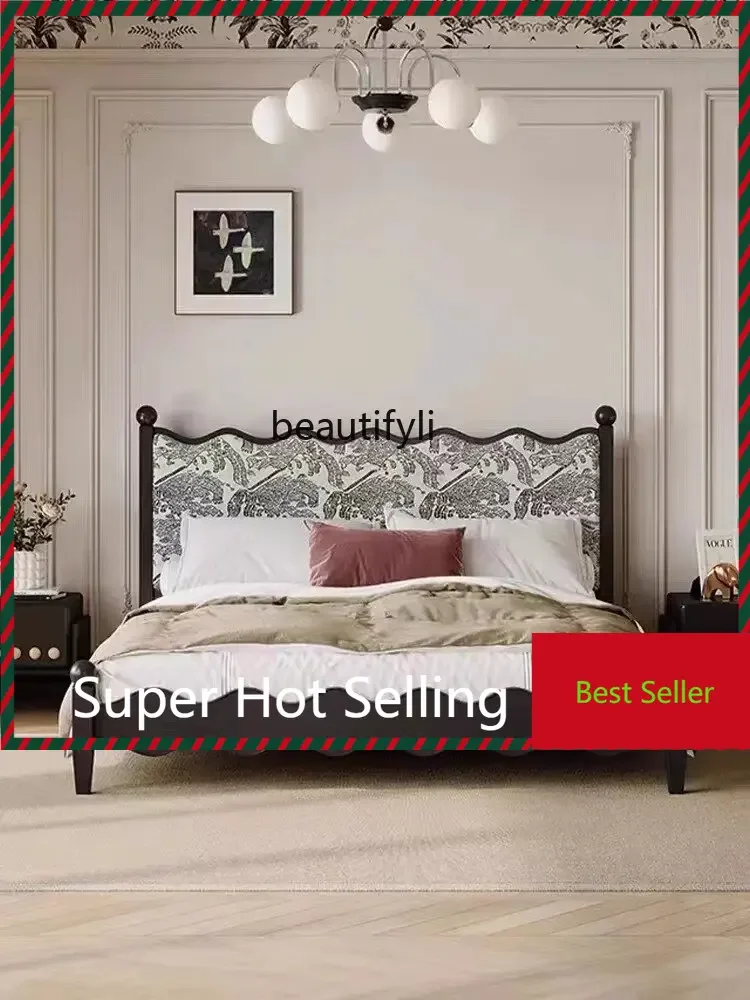 

A71 A44 American Retro Solid Wood Bed Antique Bedroom Double Bed Ash Wood Roman Column Log Printed Black