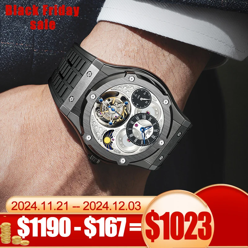 Haofa GMT Flying Tourbillon Men Watch Sapphire Manual Tourbillon Mechanical Movement Day And Night Watch for Men Waterproof 1919