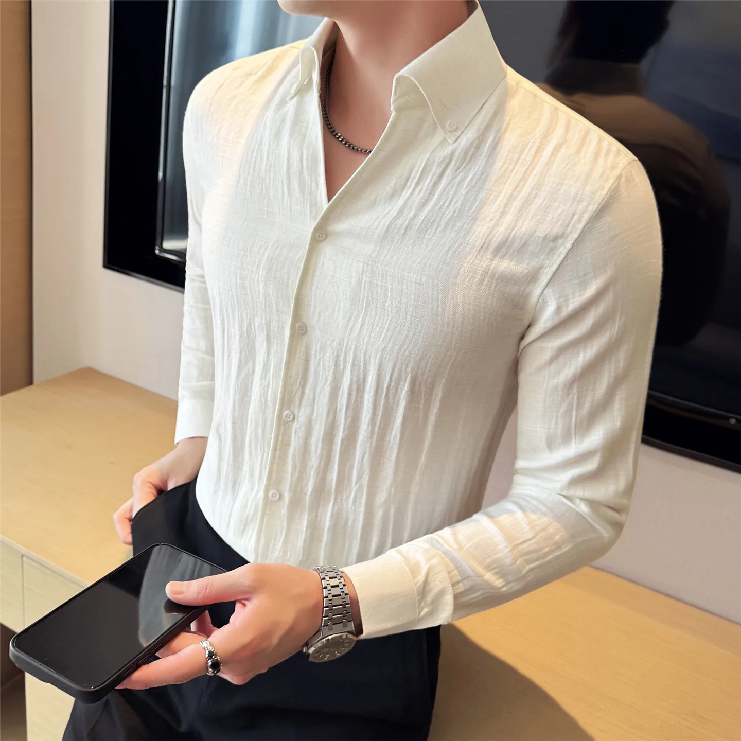 

Italian-Style Linen-Cotton Long-Sleeved Shirt for Men: Lightweight & Breathable Business-Casual Wear M-4XL