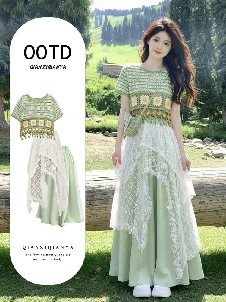 Anti-Aging Large Size Summer Fashion Set Women's Unique Style Slimming Top Lace Skirt Pants Three-Piece Set Casual Wear