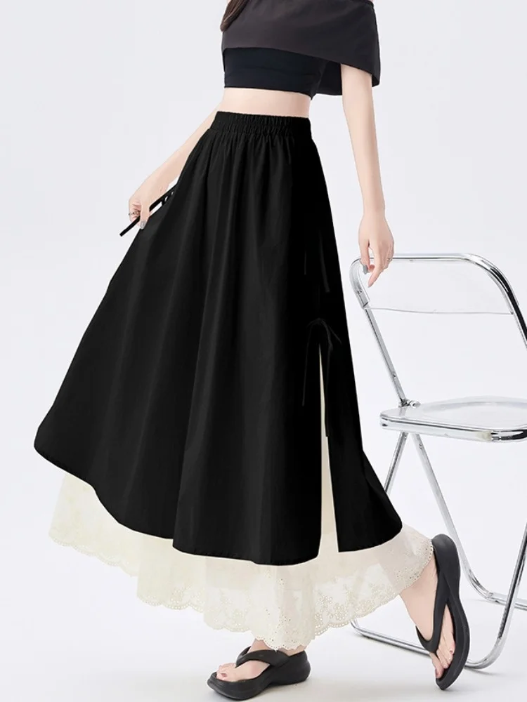 

Корейская летняя женская юбка миди А-силуэта с высокой талией, кружевом и двойным слоем, повседневный дизайн, стройнящая, для полной фигуры