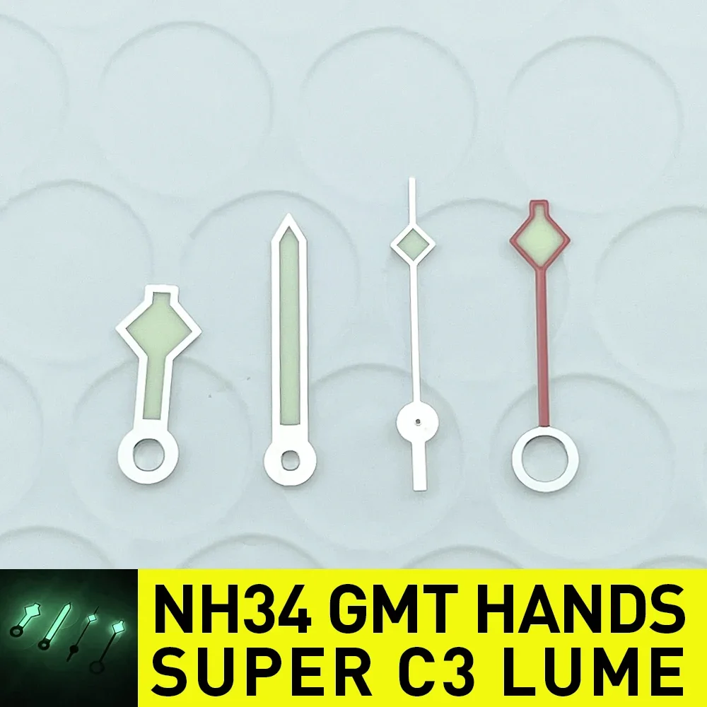 Premium C3 Lume 4-hand GMT Snowflake Watch Hands Set Mod for NH34A NH34 Movement 24 Hour Hand SKX SSK Mod Replacement