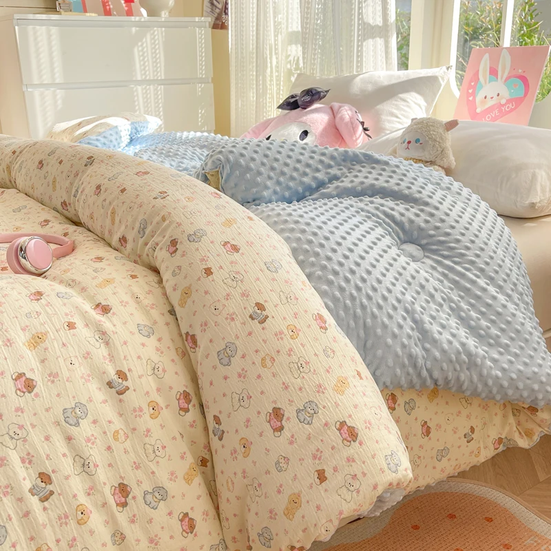 Cartoon Printed Minky Dot Winter Quilt Single Double Thickened Warm Blanket for Bed Reversible Soft Fluffy All Season Comforter