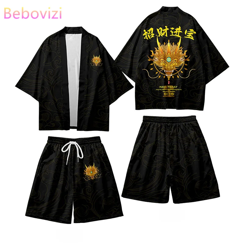 

Fashion Casual Anime Dragon Print Two-piece Suit Summer Beach Two-piece Set Kimono + Shorts Men Japanese Haori Women Cardigan