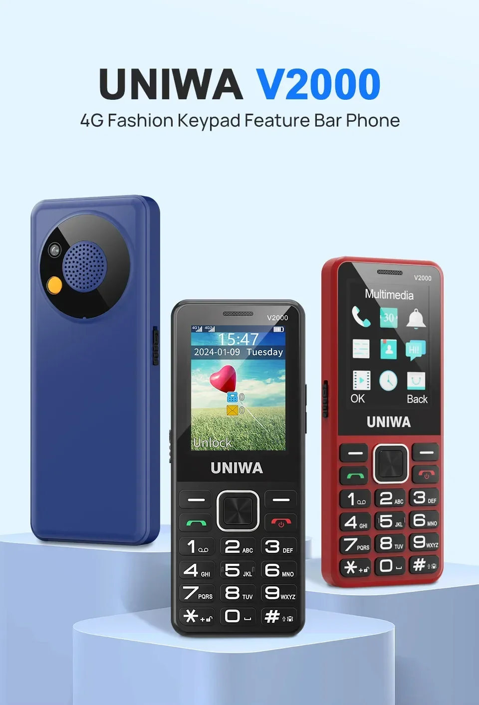 UNIWA V2000 4G Keypad Phone 2.4 Inch Big Button Loud Volume Dual SIM 1700mAh Multilingual Keyboard Feature Phones Elderly