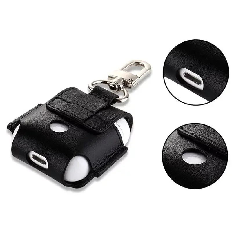 Funda protectora para auriculares inalámbricos Air Pods, funda de cuero PU con soporte, fundas de carga con gancho para Apple AirPods