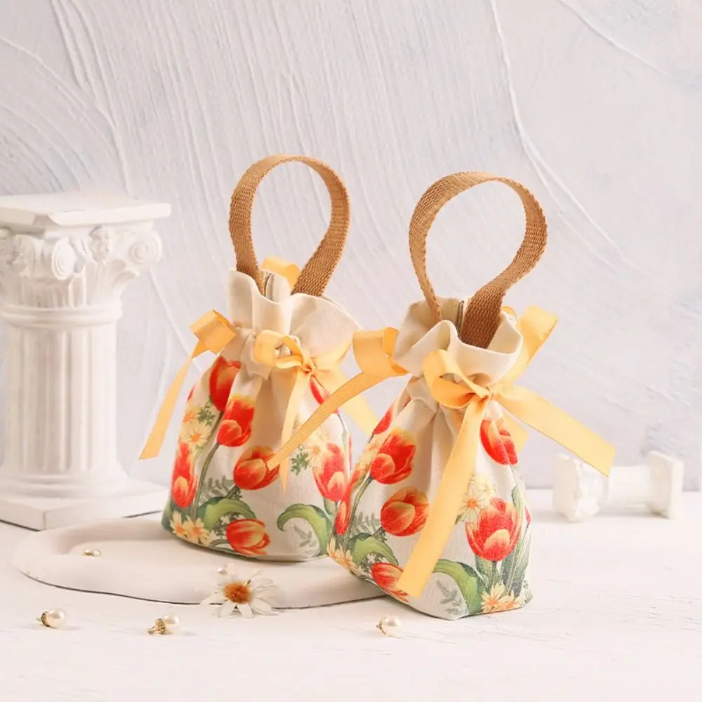 Korean Canvas Festive Tulip Flower Drawstring Canvas Sugar Bag Bow Pearl Wedding Handbag Large Capacity Jewerly Packing Bag